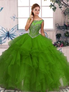 Stunning Green Ball Gowns Beading and Ruffles 15th Birthday Dress Zipper Organza Sleeveless Floor Length