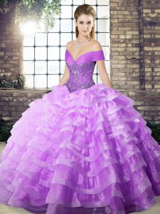 Gorgeous Lavender Ball Gowns Off The Shoulder Sleeveless Organza Brush Train Lace Up Beading and Ruffled Layers Vestidos de Quinceanera