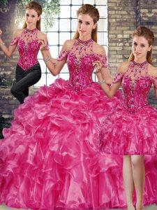 Edgy Floor Length Lace Up 15th Birthday Dress Fuchsia for Military Ball and Sweet 16 and Quinceanera with Beading and Ruffles