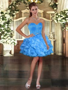Glorious Blue Ball Gowns Ruffles Prom Dress Lace Up Organza Sleeveless Mini Length