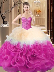 Best Selling Multi-color Fabric With Rolling Flowers Lace Up Sweetheart Sleeveless Floor Length Quinceanera Dress Beading and Ruffles