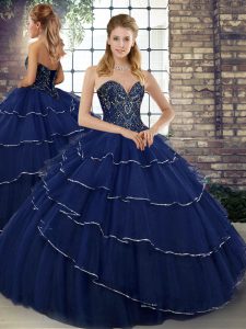 Navy Blue 15 Quinceanera Dress Military Ball and Sweet 16 and Quinceanera with Beading and Ruffled Layers Sweetheart Sleeveless Brush Train Lace Up