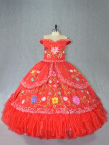 Wonderful Floor Length Red Sweet 16 Quinceanera Dress Off The Shoulder Sleeveless Lace Up