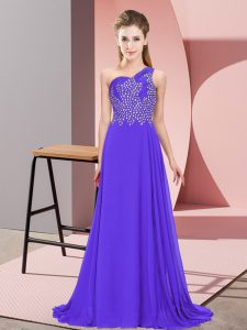 Lovely Purple Sleeveless Floor Length Beading Side Zipper Prom Dress