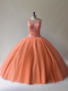 Luxury Orange Tulle Lace Up Scoop Sleeveless Floor Length Sweet 16 Quinceanera Dress Beading