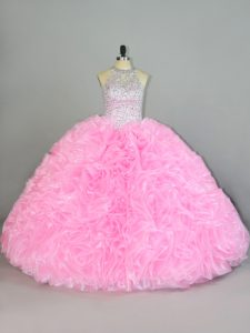 Elegant Sleeveless Floor Length Beading and Ruffles Lace Up 15th Birthday Dress with Baby Pink