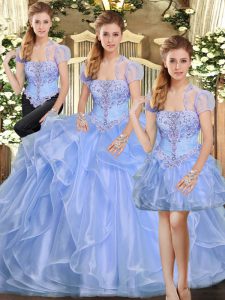 Adorable Lavender Three Pieces Beading and Ruffles Sweet 16 Dresses Lace Up Organza Sleeveless Floor Length