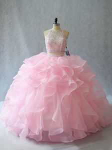 Custom Design Backless 15 Quinceanera Dress Baby Pink for Sweet 16 and Quinceanera with Beading and Ruffles Brush Train
