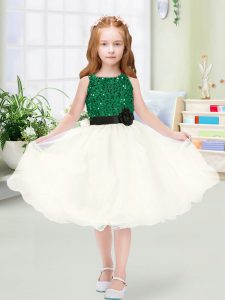 Pretty Champagne A-line Sequins and Hand Made Flower Flower Girl Dresses for Less Zipper Organza Sleeveless Knee Length