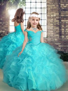 Beading and Ruffles Pageant Gowns Aqua Blue Lace Up Sleeveless High Low