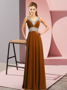 Brown Homecoming Dress Prom and Party with Beading V-neck Sleeveless Lace Up