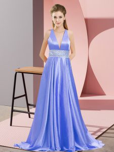 On Sale V-neck Sleeveless Prom Party Dress Brush Train Beading Lavender Elastic Woven Satin