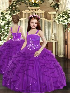 Purple Sleeveless Ruffles Floor Length Little Girl Pageant Gowns