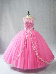 Rose Pink Sleeveless Tulle Lace Up Quinceanera Dress for Sweet 16 and Quinceanera