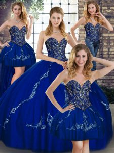 Royal Blue Ball Gowns Beading and Embroidery Sweet 16 Dress Lace Up Tulle Sleeveless Floor Length