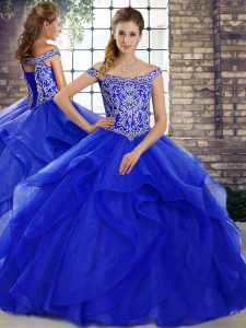 Royal Blue Lace Up Quinceanera Dresses Beading and Ruffles Sleeveless Brush Train