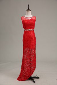 Simple Red Lace Zipper Scoop Sleeveless Floor Length Prom Dress Beading