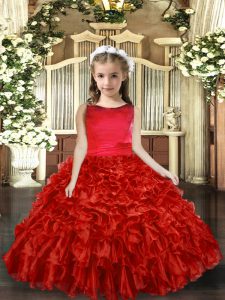 Red Ball Gowns Scoop Sleeveless Organza Floor Length Backless Ruffles Pageant Gowns For Girls