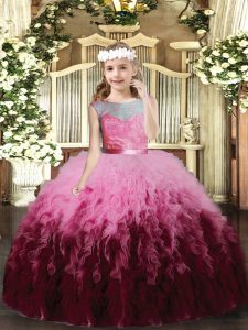 Multi-color Tulle Scoop Sleeveless Ruffles Floor Length Backless Little Girls Pageant Dress