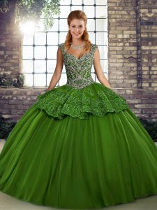 Super Green Ball Gowns Tulle Straps Sleeveless Beading and Appliques Floor Length Lace Up 15th Birthday Dress