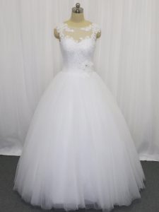 Hot Selling White Tulle Clasp Handle Wedding Gown Sleeveless Floor Length Beading and Lace and Hand Made Flower