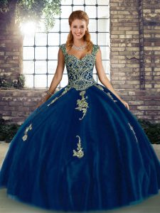 Royal Blue Tulle Lace Up Quinceanera Dresses Sleeveless Floor Length Beading and Appliques