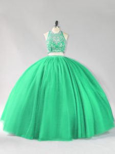 Sumptuous Turquoise Backless Halter Top Beading Quinceanera Dresses Tulle Sleeveless