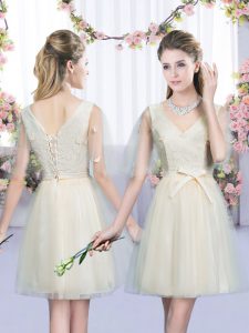 Champagne Empire V-neck Sleeveless Tulle Mini Length Lace Up Bowknot Court Dresses for Sweet 16
