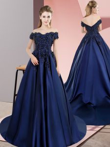 Inexpensive Navy Blue A-line Off The Shoulder Sleeveless Satin Lace Up Lace Quinceanera Dresses