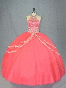 Suitable Watermelon Red Halter Top Neckline Beading and Ruffles Quinceanera Dress Sleeveless Lace Up