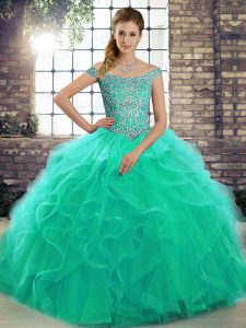 Low Price Turquoise Tulle Lace Up Quince Ball Gowns Sleeveless Brush Train Beading and Ruffles