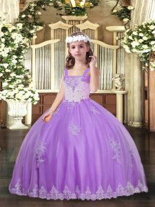 Fashion Tulle Straps Sleeveless Lace Up Appliques Little Girl Pageant Dress in Lavender