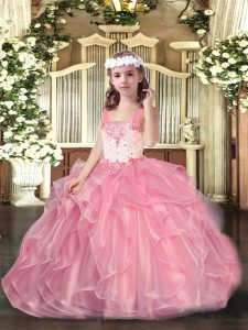 Simple Pink Lace Up Straps Beading and Ruffles Girls Pageant Dresses Organza Sleeveless