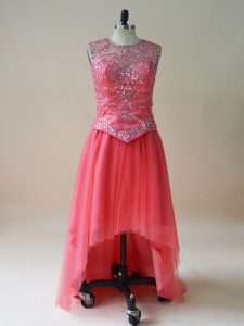 Glittering Coral Red Sleeveless Tulle Prom Dresses for Prom and Party and Military Ball