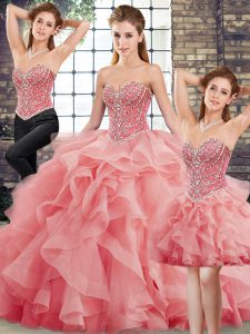 Three Pieces Sleeveless Watermelon Red Ball Gown Prom Dress Brush Train Lace Up