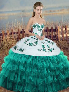 Turquoise Organza Lace Up Sweetheart Sleeveless Floor Length Sweet 16 Dresses Embroidery and Ruffled Layers and Bowknot
