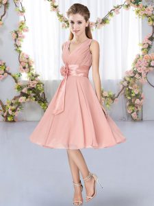 Unique Pink Empire Chiffon V-neck Sleeveless Hand Made Flower Knee Length Lace Up Bridesmaid Dress