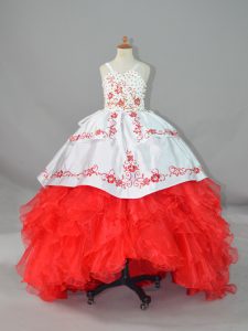 Sleeveless Beading and Embroidery and Ruffles Lace Up Pageant Dress Wholesale with White And Red Sweep Train