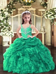 Green Lace Up Straps Beading and Ruffles Little Girls Pageant Gowns Organza Sleeveless