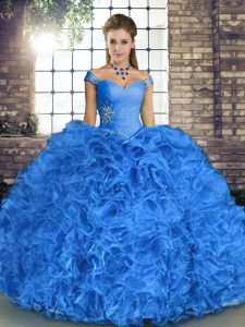 Blue Off The Shoulder Lace Up Beading and Ruffles Sweet 16 Dress Sleeveless