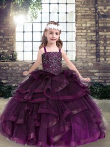 Latest Tulle Straps Sleeveless Lace Up Beading and Ruffles Winning Pageant Gowns in Eggplant Purple