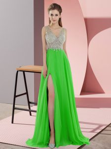Green Sleeveless Chiffon Sweep Train Zipper Prom Dress for Prom and Party