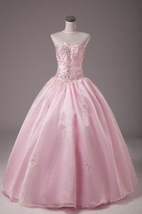 Modest Baby Pink Lace Up Sweet 16 Dress Beading and Embroidery Sleeveless Floor Length