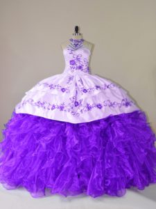 Purple Sweet 16 Quinceanera Dress Sweet 16 and Quinceanera with Embroidery and Ruffles Halter Top Sleeveless Court Train Lace Up