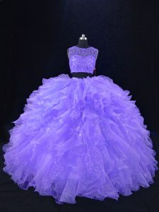 Sleeveless Floor Length Beading and Ruffles Zipper Quinceanera Gown with Lavender