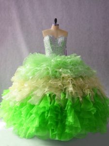 Multi-color Ball Gowns Beading and Ruffles Ball Gown Prom Dress Lace Up Organza Sleeveless Floor Length
