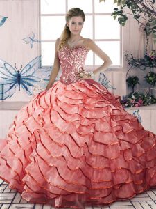 Luxurious Watermelon Red Sleeveless Organza Brush Train Lace Up Quinceanera Dress for Sweet 16 and Quinceanera