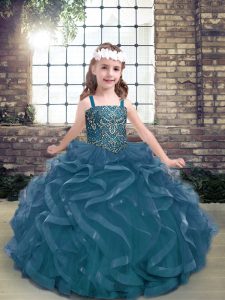 High Quality Blue Ball Gowns Beading and Ruffles Little Girls Pageant Dress Wholesale Lace Up Tulle Sleeveless Floor Length