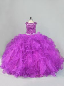 Free and Easy Scoop Sleeveless Tulle Quinceanera Gown Beading and Ruffles Lace Up