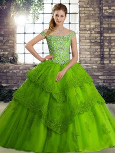 Off The Shoulder Sleeveless Brush Train Lace Up Ball Gown Prom Dress Green Tulle